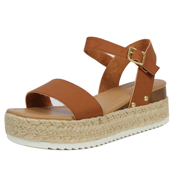 Shoes - Tan Open Toe Ankle Strap Espadrille Sandal